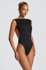 Tori pleated high slit Bodysuit - Black