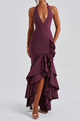 Veronique ruffle hem Maxi Dress in Cherry Lacquer