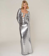 sequin long sleeve cut out maxi dress in silver