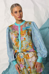 michelle Linen lantern-sleeve shirt shorts set