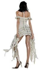 elva halter three-dimensional flower irregular tassel mini dress in Beige