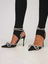 BOW CRYSTAL SATIN HEELS IN BLACK Shoes styleofcb