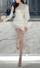 SEXY SLIM DEEP V LONG SLEEVES SILK SIMILAR MINI DRESS styleofcb
