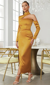SATIN ONE SHOULDER LONG SLEEVES MAXI DRESS IN PAPAYA SMOOTHIE styleofcb