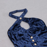 VELVET HALTER SEXY WAIST MIDI DRESS IN NAVY styleofcb