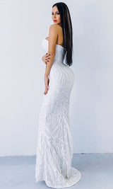 White Sequin Lace Strapless Maxi Dress New Arrivals styleofcb