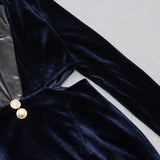VELVET HOLLOWED OUT V-NECK DRESS IN DARK BLUE styleofcb