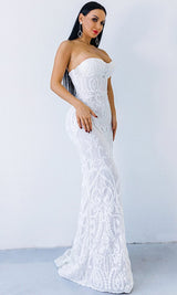 White Sequin Lace Strapless Maxi Dress New Arrivals styleofcb