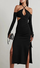 STRAPLESS STRAPPY SLIT DRESS IN BLACK DREESES styleofcb