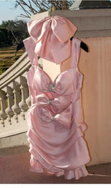 PINK BOW CUT OUT RUCHED MINI DRESS styleofcb