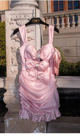 PINK BOW CUT OUT RUCHED MINI DRESS styleofcb
