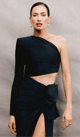 COPPER SPANDEX STITCHING SPLIT MAXI DRESS IN BLACK styleofcb