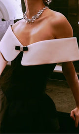 OFF SHOULDER MINI DRESS IN BLACK AND WHITE styleofcb