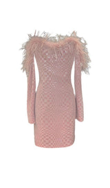 OFF SHOULDER FEATHER MINI DRESS IN PINK styleofcb