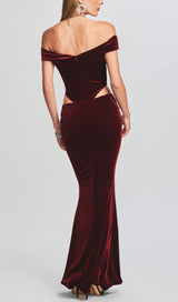 OFF SHOULDER WAIST HOLLOW VELVET MAXI DRESS IN BURGUNDY styleofcb