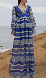 DEEP V TASSEL BLOUSON SLEEVES MAXI DRESS IN BLUE styleofcb