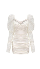 PLEATED DRESS WITH LACE PUFFED SLEEVES IN WHITE styleofcb