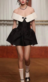 OFF SHOULDER MINI DRESS IN BLACK AND WHITE styleofcb
