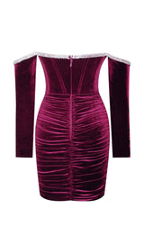 ODETTE BURGUNDY VELVET OFF SHOULDER CORSET DRESS WITH CRYSTAL TRIM styleofcb
