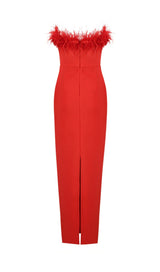 STRETCH STRAPLESS FEATHER TRIMMED GOWN IN RED styleofcb