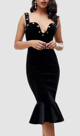 FISHTAIL HEM VELVET SUSPENDER MIDI DRESS IN BLACK styleofcb