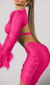 SHOULEDR PAD WAIST BARING FEATHER BLOUSE PLEATED DRESS IN PINK styleofcb