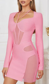 BARBIE PINK MESH FABRIC STITCHED SQUARE-NECK HALTERNECK DRESS styleofcb