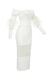 BANDAGE OFF-SHOULDER FEATHER MIDI DRESS IN WHITE styleofcb