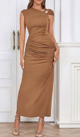 RUCHED SATIN MIDI DRESS IN BROWN DRESS STYLE OF CB