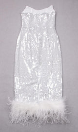 SEQUIN FEATHER MIDI DRESS IN WHITE styleofcb