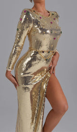 LONG SLEEVES SEQUIN MAXI DRESS IN GOLD styleofcb