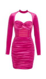 HANGING NECK MESH STITCHED VELVET MINI DRESS IN BARBIE PINK styleofcb