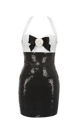 SEQUIN HALTER FLOWER MINI DRESS IN BLACK styleofcb
