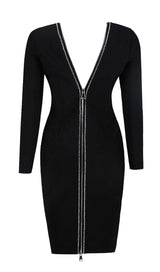 LONG SLEEVE CRYSTAL BANDAGE MIDI DRESS IN BLACK LEATHERETTE PIECES styleofcb