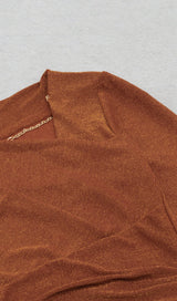 GLIT PLEATED OBLIQUE SHOULDER DRESS IN BROWN styleofcb