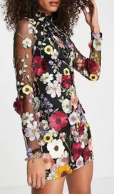 LONG SLEEVE MESH FLOWER MINI DRESS IN BLACK Dresses sis label