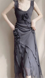MESH VINTAGE FLORAL PLEATED MAXI DRESS IN GREY styleofcb
