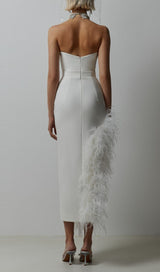 STRAPLESS FEATHER MIDI DRESS IN WHITE styleofcb