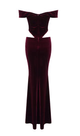 OFF SHOULDER WAIST HOLLOW VELVET MAXI DRESS IN BURGUNDY styleofcb