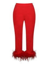 RED BLAZER SUIT WITH FEATHER TRIM Bottoms styleofcb