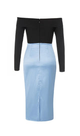 ONE-LINE SHOULDER LOTUS LEAF FISH TAIL DRESS IN BLACK AND BLUE SPLICED styleofcb