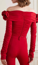 FLOWER ONE -LINE SHOULDER PLEATED BACKLESS TOP IN RED styleofcb