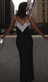 BLACK V-NECK RHINESTONE DECORATIVE SUSPENDER DRESS styleofcb