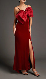 DARK RED FRONT BOW SIDE SLIT MERMAID MAXI DRESS styleofcb