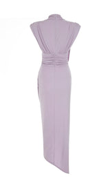 DEEP V-NECK SMALL FLYING-SLEEVED HIGH-RISE DRESS IN LIGHT PURPLE styleofcb