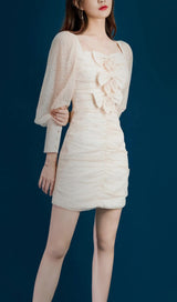 BOW STREAMER MESH PLEATED DRESS IN BEIGE styleofcb