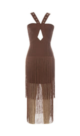 BROWN SLEEVELESS CHEST HOLLOW FRINGE HEM SKINNY MAXI DRESS styleofcb