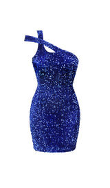 SEQUIN ONE SHOULDER MINI DRESS IN GALACTIC COBALT styleofcb