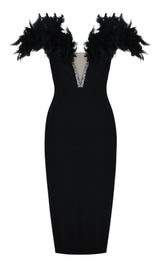 FEATHER PLUNGE MIDI DRESS IN BLACK DRESS STYLE OF CB