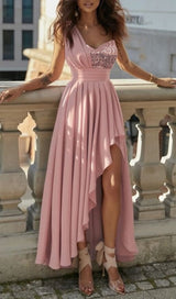 POLYESTER SEQUINS SLEEVELESS RUFFLE DRESS IN PINK styleofcb